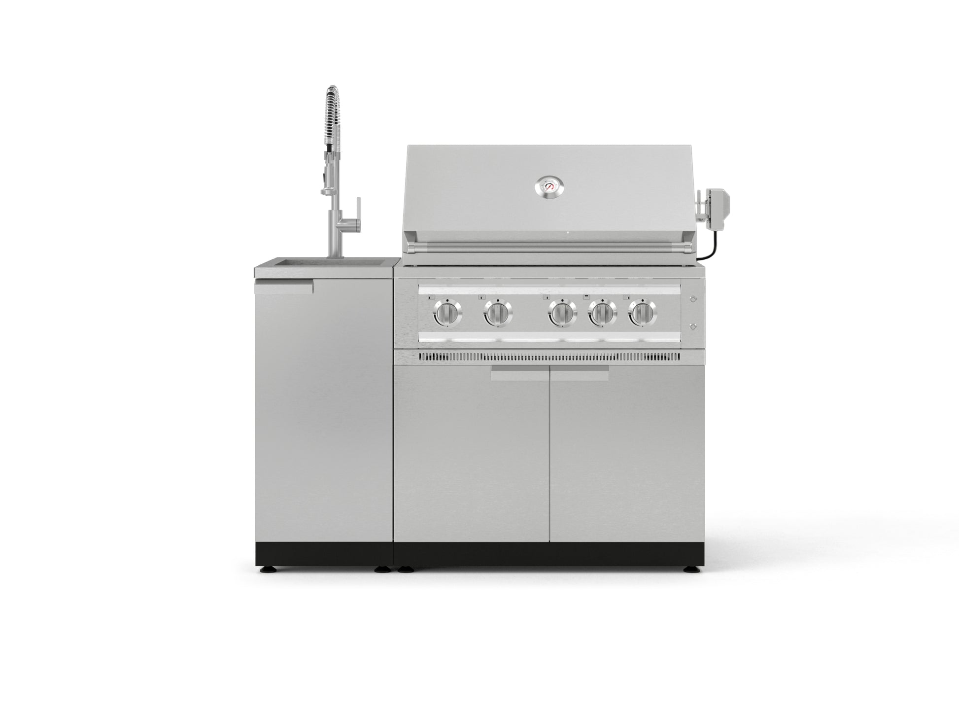 Premium stainless steel outdoor grill with 4 burners, side sink, and modular kitchen cabinets below.