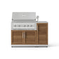 Premium 304 stainless steel grill with four burners, open lid, and sleek outdoor kitchen cabinets for modern spaces.