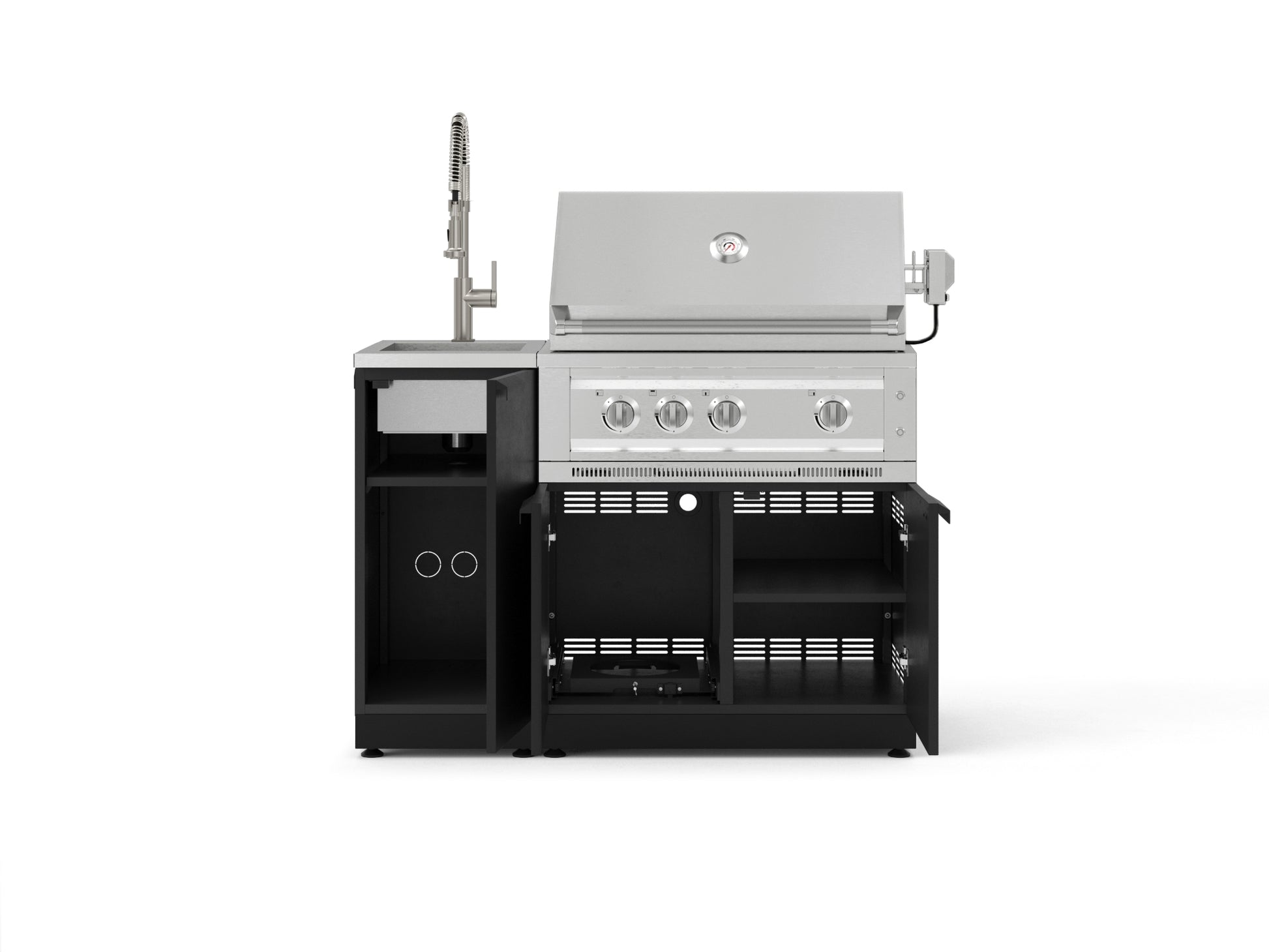 Premium stainless steel outdoor grill with side sink, modular cabinets, and sleek finish for luxury kitchens.