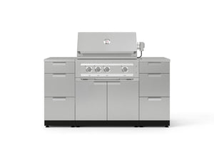 Premium stainless steel grill with 4 burners, modular cabinets, and open lid in sleek outdoor kitchen setup.