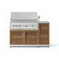 Premium modular 304 stainless steel outdoor grill with wood cabinets and enclosed side storage compartment.