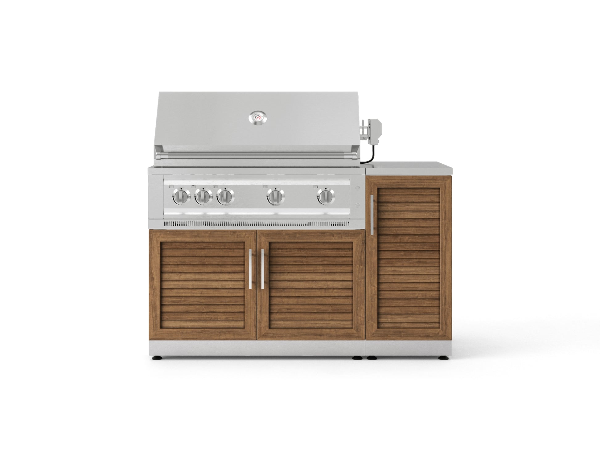 Premium modular 304 stainless steel outdoor grill with wood cabinets and enclosed side storage compartment.