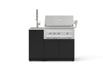 Premium black and silver outdoor gas grill with 4 burners, side sink, and modular kitchen design.
