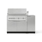 Premium stainless steel gas grill with four burners, 304 SS finish, and modular outdoor kitchen cabinetry.