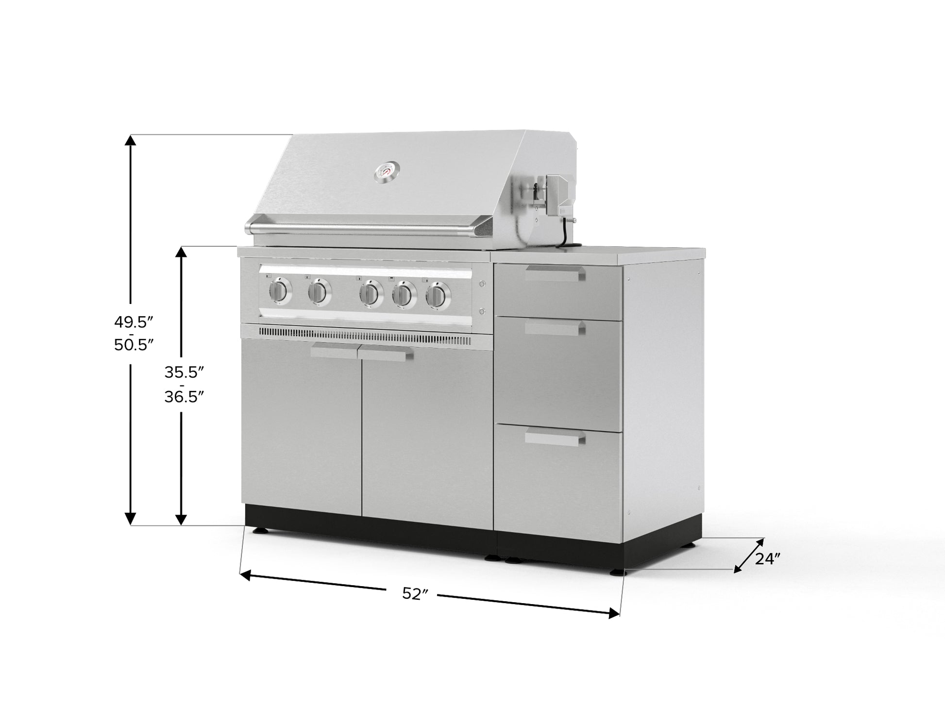 Stainless steel outdoor grill with closed lid, side drawers, and modular kitchen measurements for premium spaces.