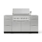 Premium stainless steel outdoor grill with 4 burners, modular cabinets, and open lid for luxury outdoor kitchens.