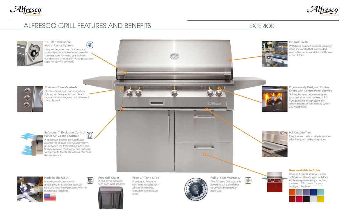 Alfresco 36&quot; Freestanding Cart Gas Grill / Infrared Sear Zone, Integrated Rotisserie, Smoker / ALXE-36SZC