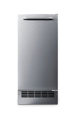 Summit BIM271OS 15-inch drain-free outdoor icemaker, front view with stainless steel door and horizontal handle