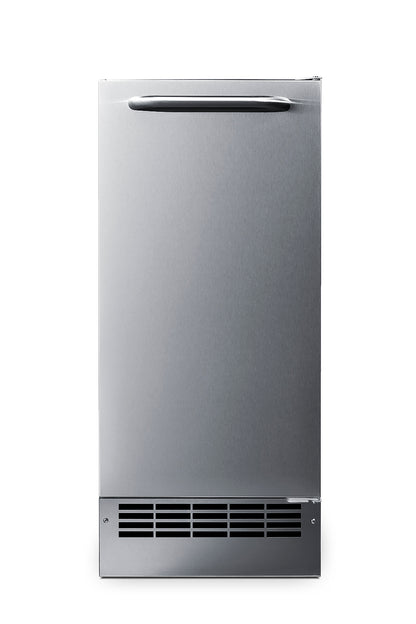 Summit BIM271OS 15-inch drain-free outdoor icemaker, front view with stainless steel door and horizontal handle