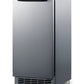 Summit BIM271OS outdoor icemaker, angled view of the stainless steel cabinet with kickplate