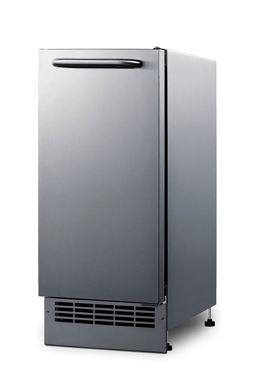 Summit BIM271OS outdoor icemaker, angled view of the stainless steel cabinet with kickplate