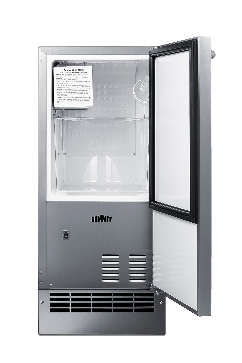 Summit BIM271OS icemaker with door open, showing the removable ice bucket