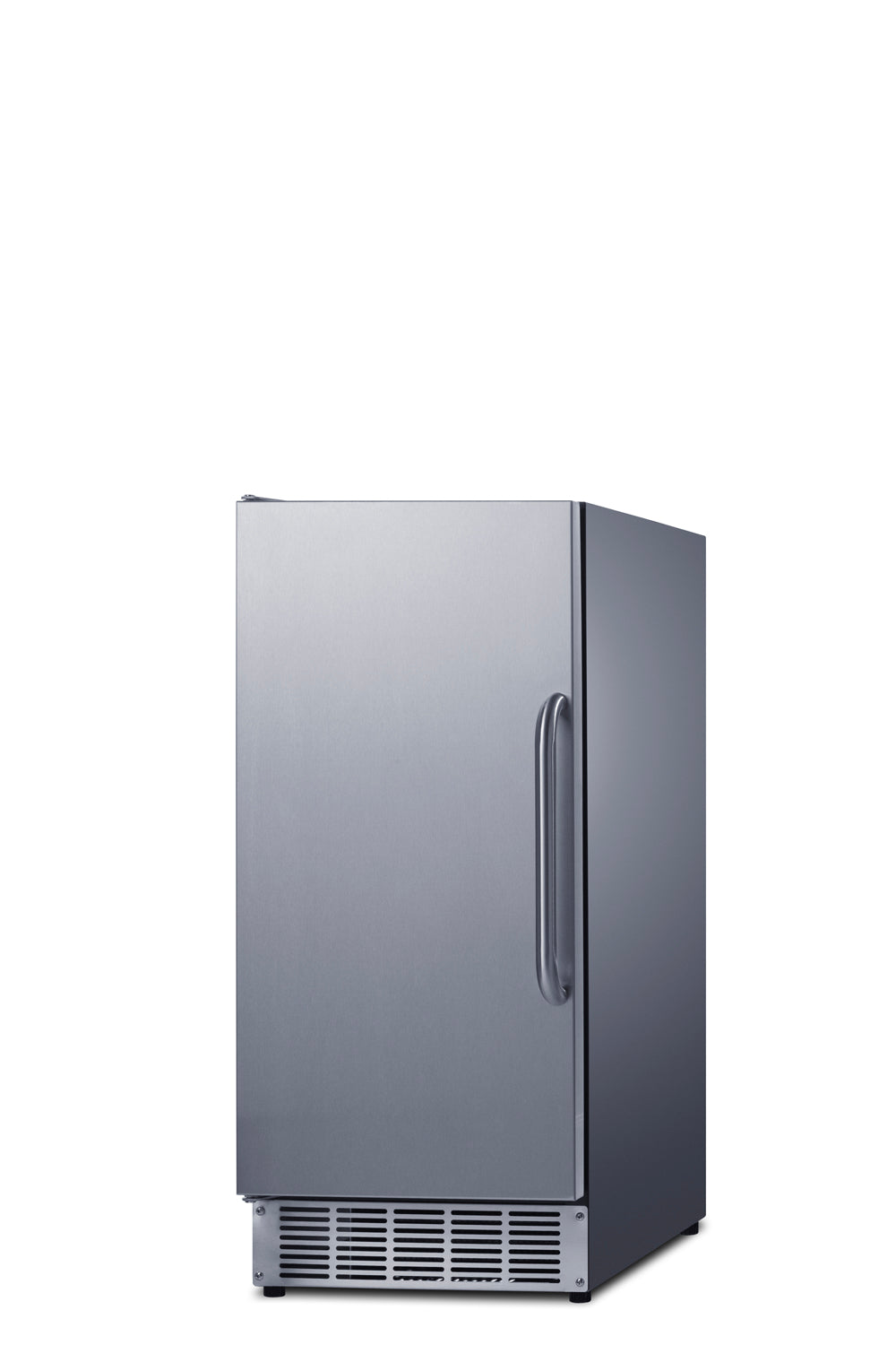 Summit BIM47OS outdoor icemaker, angled view of the stainless steel cabinet