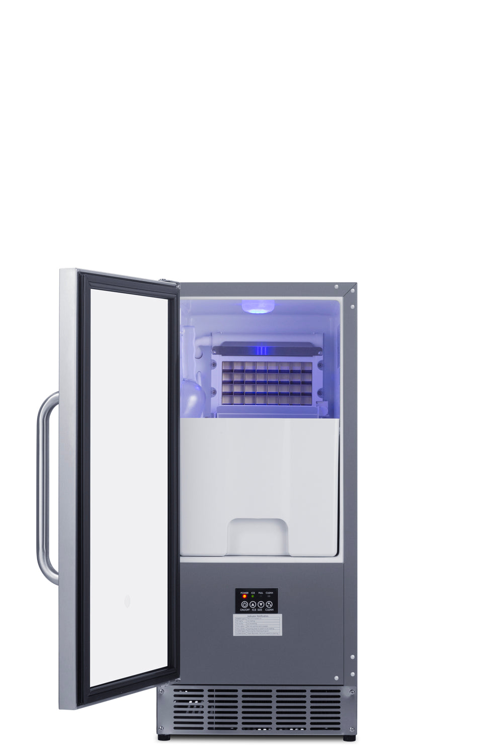 Summit BIM47OS icemaker with door open, showing blue interior light, ice mold and storage bin