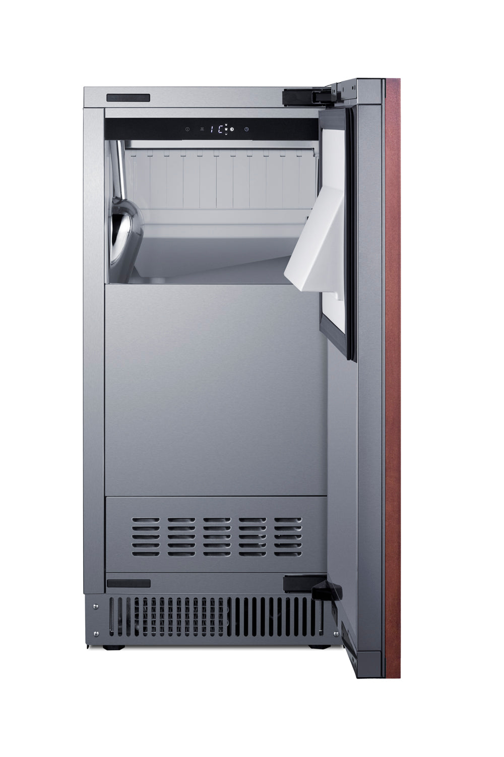 Summit BIM62ADAPNR icemaker with door open, showing the ice bin