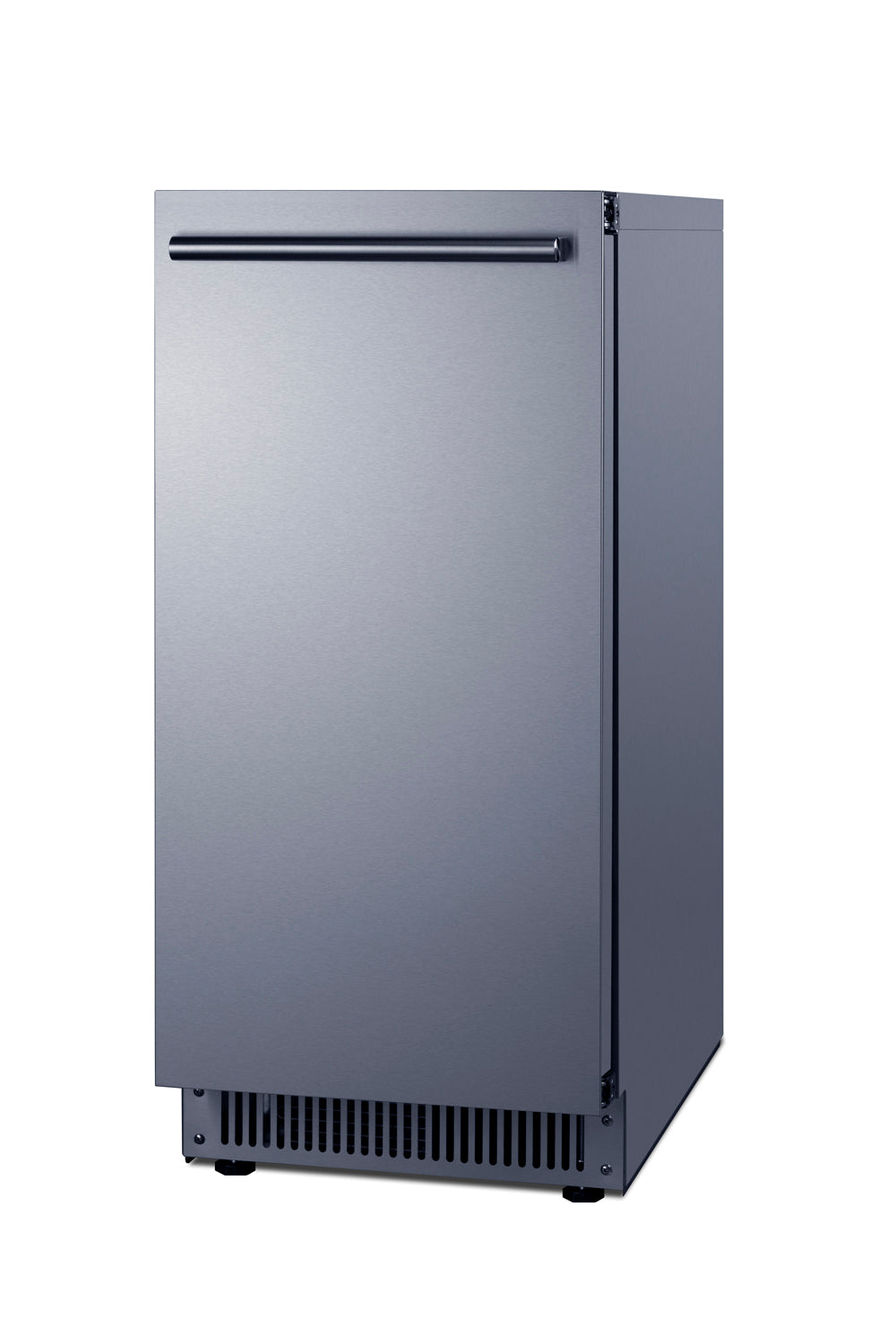 Summit BIM63OSADA outdoor icemaker, angled view of the stainless steel cabinet
