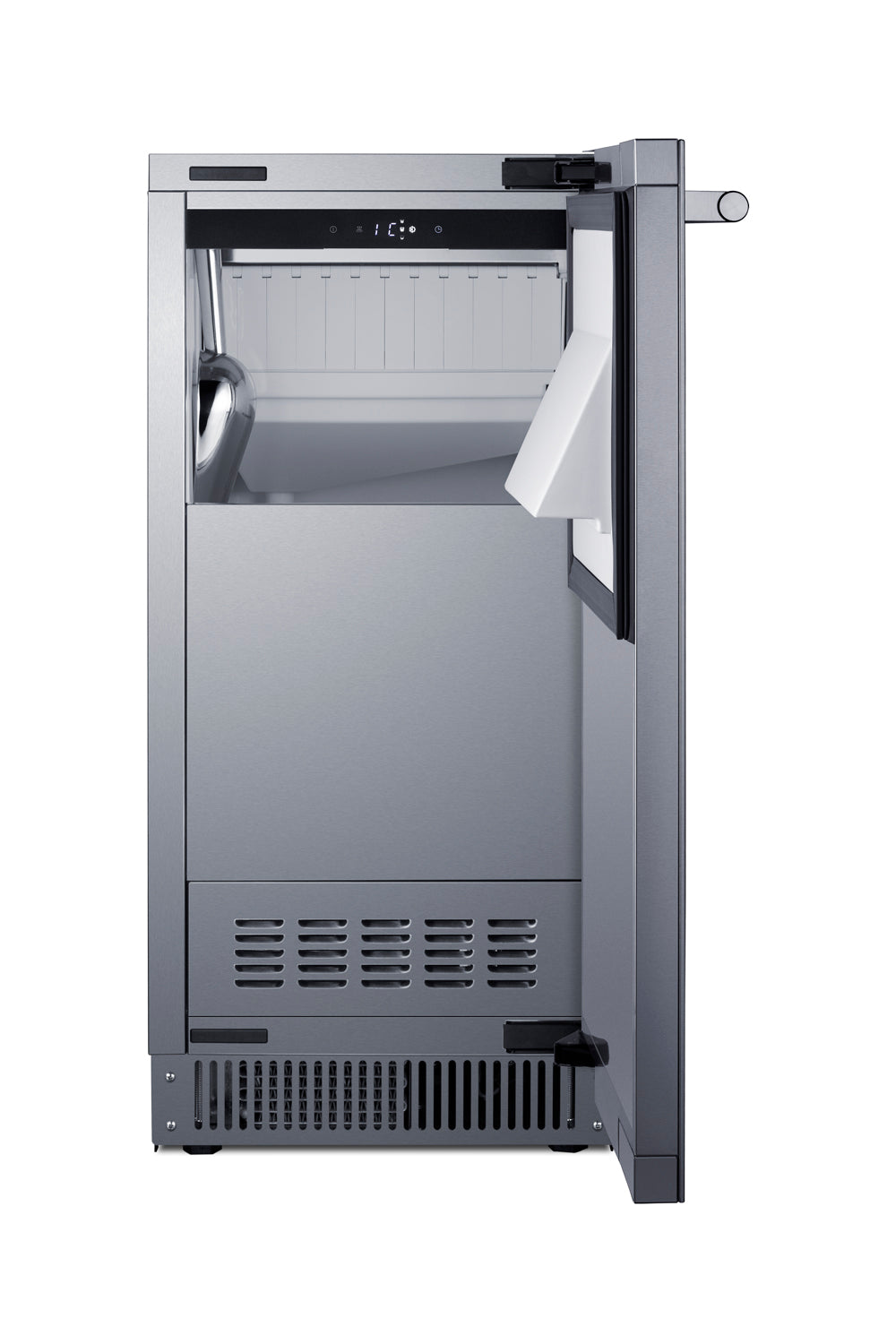 Summit BIM63OSADA icemaker with door open, showing the ice bin