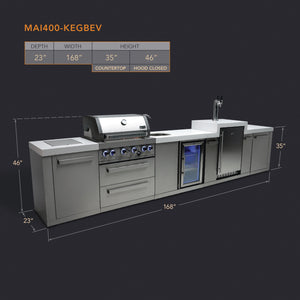 Mont Alpi 400 Classic Island with Beverage Center and Kegerator | 4-Burner Grill, Sink, Fridge, Stainless Steel | MAi400-KEGBEV