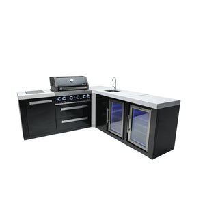 Mont Alpi 400 Black Stainless Steel Island with 90 Degree Corner, Beverage Center, and Fridge Cabinet | 4-Burner Grill, Sink, 2 Fridges | MAi400-BSS90BEVFC