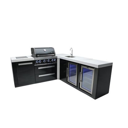 Mont Alpi 400 Black Stainless Steel Island with 90 Degree Corner, Beverage Center, and Fridge Cabinet | 4-Burner Grill, Sink, 2 Fridges | MAi400-BSS90BEVFC