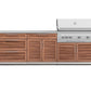 Premium outdoor kitchen with modular cabinets, stainless steel countertop, built-in grill, and sleek finish.