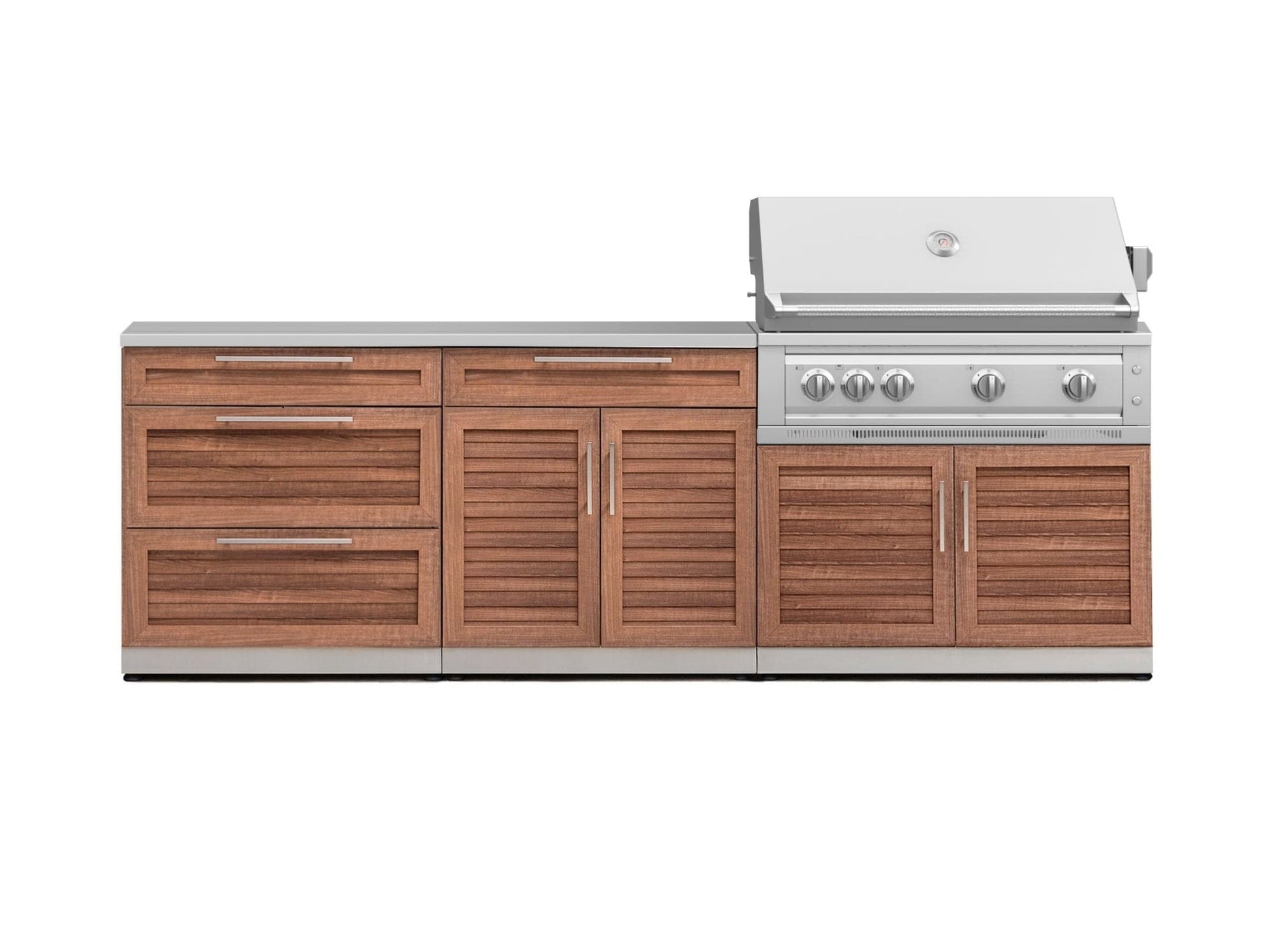 Premium outdoor kitchen with modular cabinets, stainless steel countertop, built-in grill, and sleek finish.