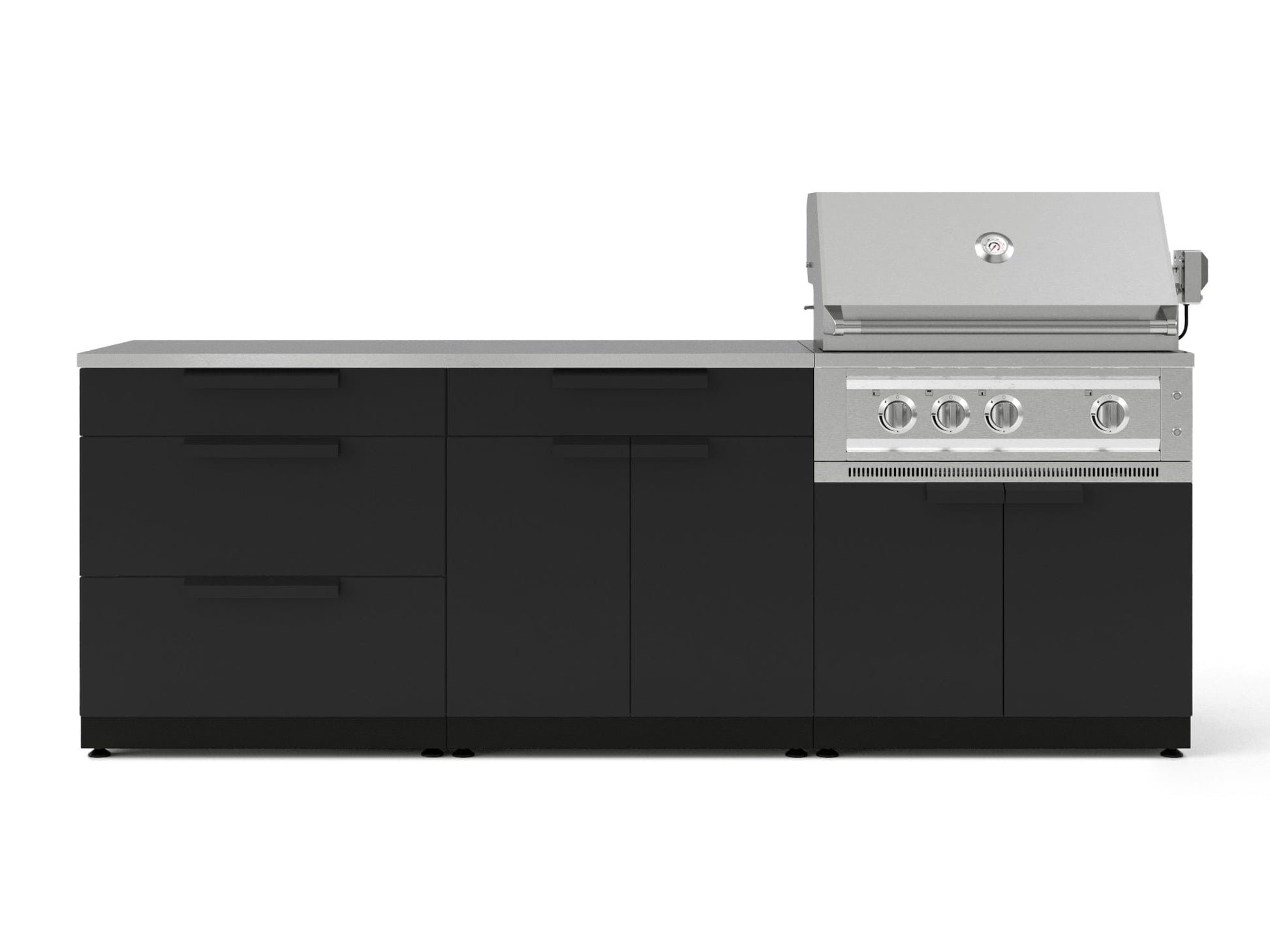 Premium outdoor kitchen with black cabinets, stainless gas grill, four burners, and open lid for modern style.