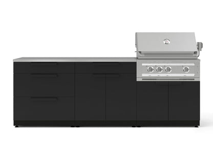 Premium outdoor kitchen with black cabinets, stainless gas grill, four burners, and open lid for modern style.