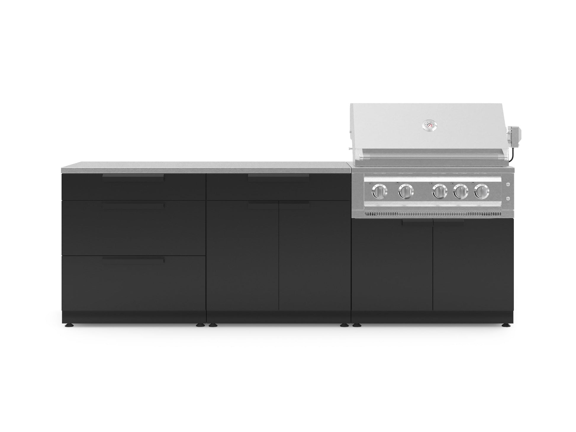 Premium outdoor kitchen with black cabinets, drawers, stainless steel gas grill open, and sleek modern finish.