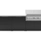 Black modular outdoor kitchen cabinets with stainless steel built-in gas grill, open lid, and premium finish.