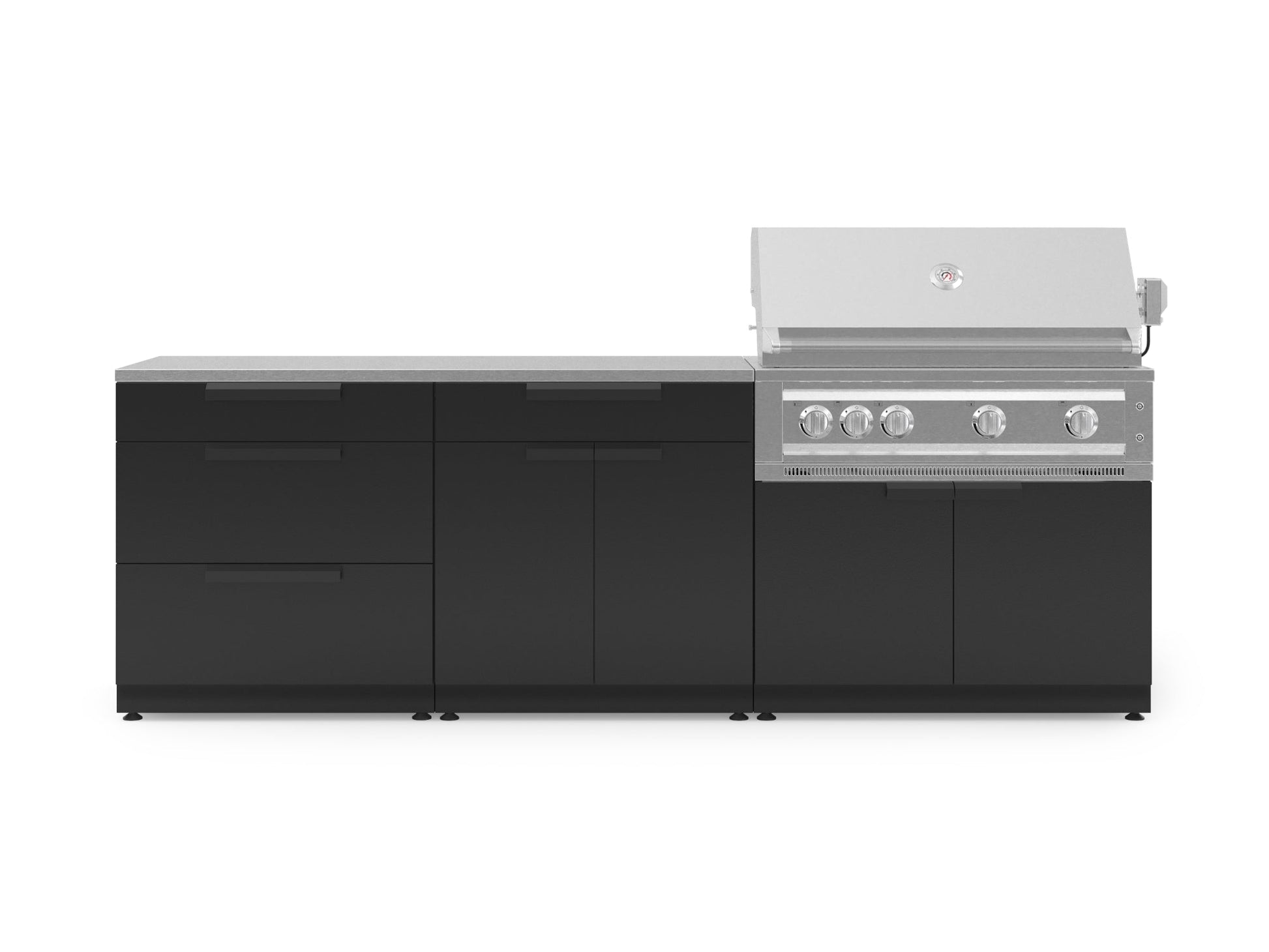 Black modular outdoor kitchen cabinets with stainless steel built-in gas grill, open lid, and premium finish.