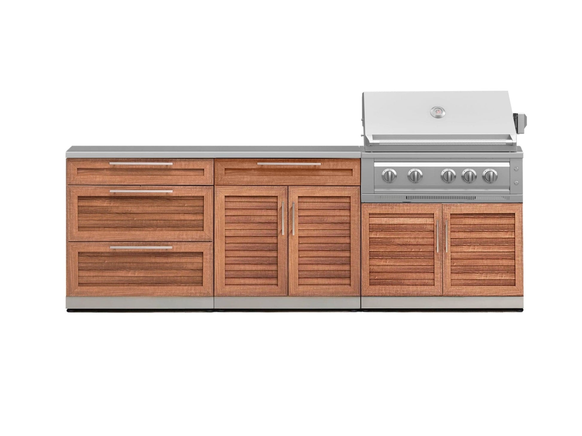 Premium modular outdoor kitchen with wood drawers, built-in grill, and modern cabinets for stylish outdoor cooking.