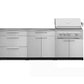 Sleek modular outdoor kitchen with stainless steel cabinets, drawers, open-lid grill, and modern premium finish.