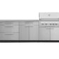 Modular stainless steel outdoor kitchen with storage, drawers, and built-in grill—sleek finish for modern patios.