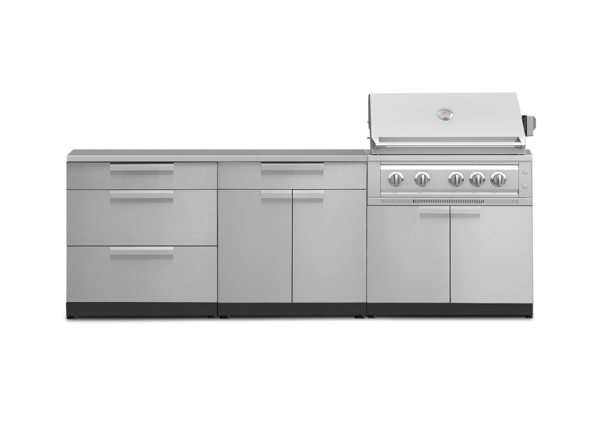 Modular stainless steel outdoor kitchen with storage, drawers, and built-in grill—sleek finish for modern patios.