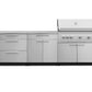 Premium stainless steel outdoor kitchen with modular cabinets, drawers, and a closed grill for modern outdoor spaces.