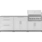 Stainless steel modular outdoor kitchen island with drawers, cabinets, and built-in grill with open lid.
