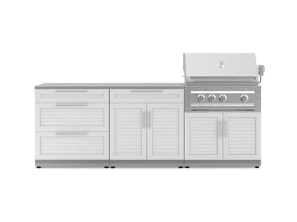 Stainless steel modular outdoor kitchen island with drawers, cabinets, and built-in grill with open lid.