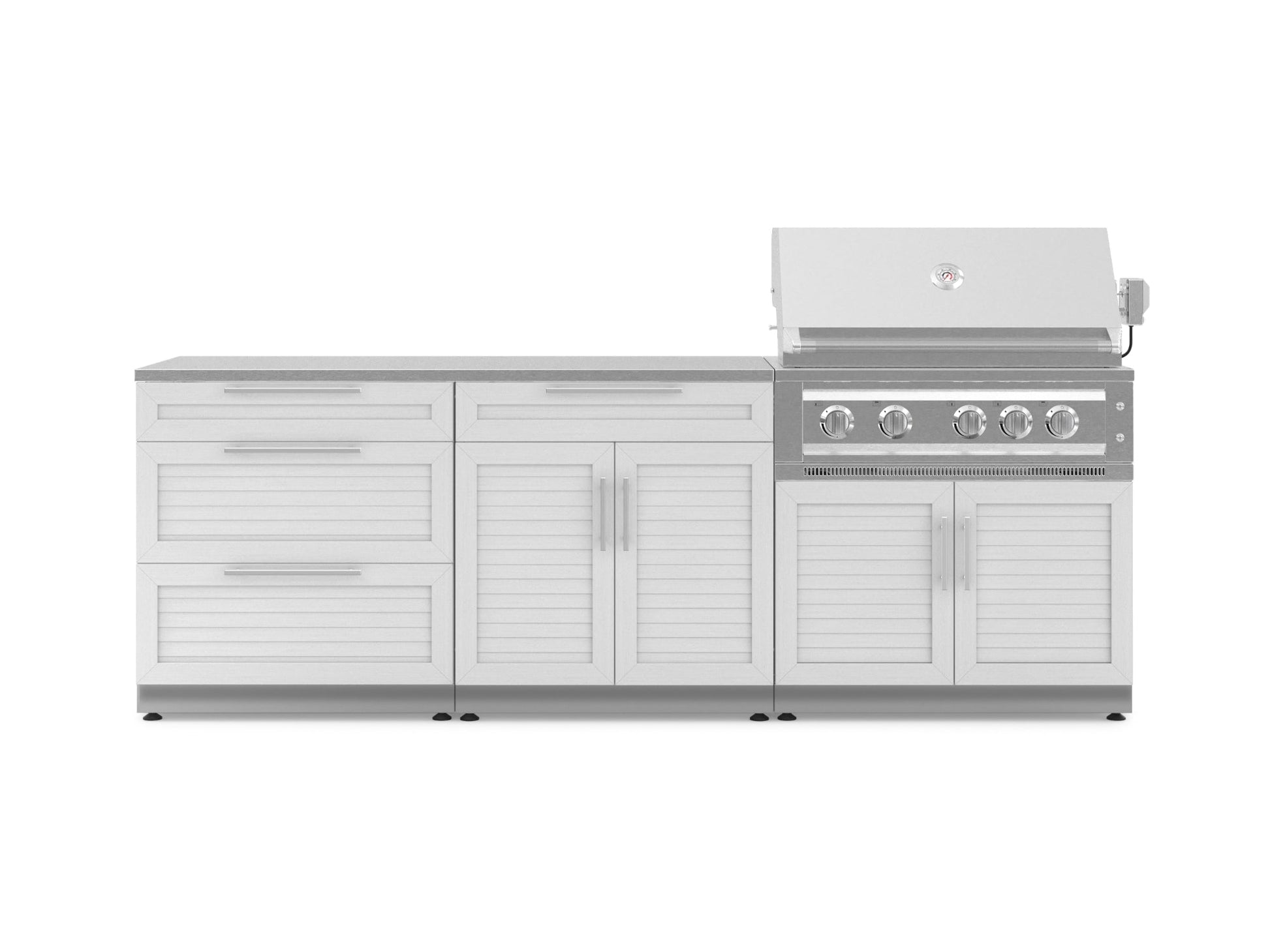 Modular outdoor kitchen island with stainless steel cabinets, built-in gas grill, and premium modern finish.
