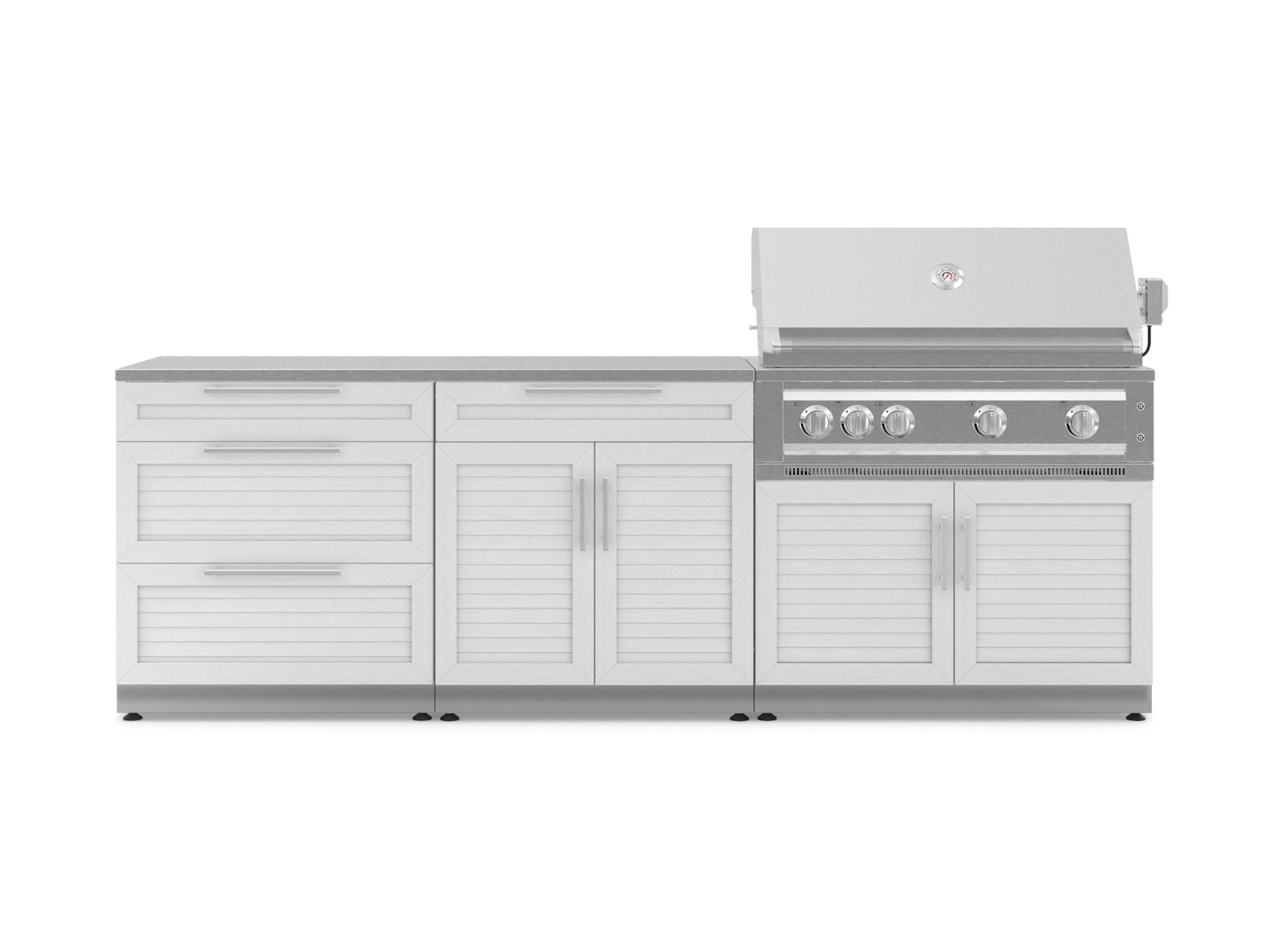 Premium stainless steel outdoor kitchen cabinets with drawers, storage, and built-in gas grill for luxury patios.