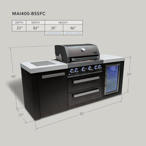 Mont Alpi 400 Black Stainless Steel Island with Fridge Cabinet | 4-Burner Grill, Fridge | MAi400-BSSFC