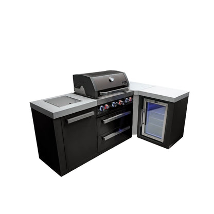 Mont Alpi 400 Black Stainless Steel Island with Fridge Cabinet and 90 Degree Corner | 4-Burner Grill, Fridge | MAi400-BSS90FC