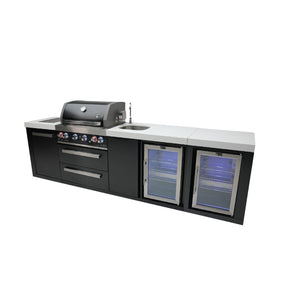 Mont Alpi 400 Black Stainless Steel Island with Beverage Center and Fridge Cabinet | 4-Burner Grill, Sink, 2 Fridges | MAi400-BSSBEVFC