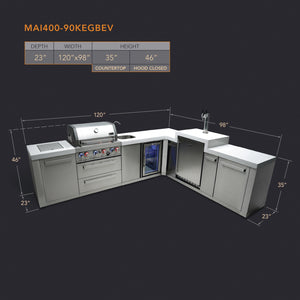 Mont Alpi 400 Classic Island with 90 Degree Corner, Beverage Center, and Kegerator | 4-Burner Grill, Sink, Fridge, Stainless Steel | MAi400-90KEGBEV