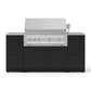 Premium stainless steel outdoor gas grill with four burners and sleek black storage cabinets, ideal for modern kitchens.