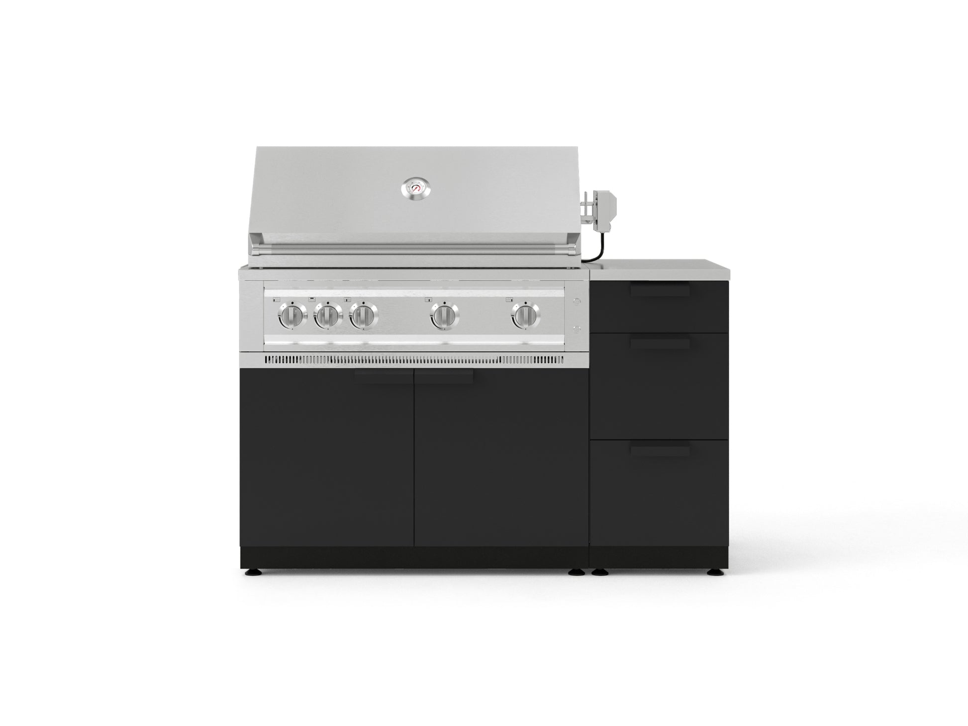 Stainless steel and black gas grill with four burners, open lid, and modular storage drawers for outdoor kitchens.