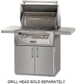 Alfresco stainless steel grill cart with open lid and side shelves; durable finish, grill head sold separately.