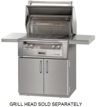 Alfresco stainless steel grill cart with open lid and side shelves; durable finish, grill head sold separately.