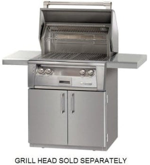 Alfresco stainless steel grill cart with open lid and side shelves; durable finish, grill head sold separately.