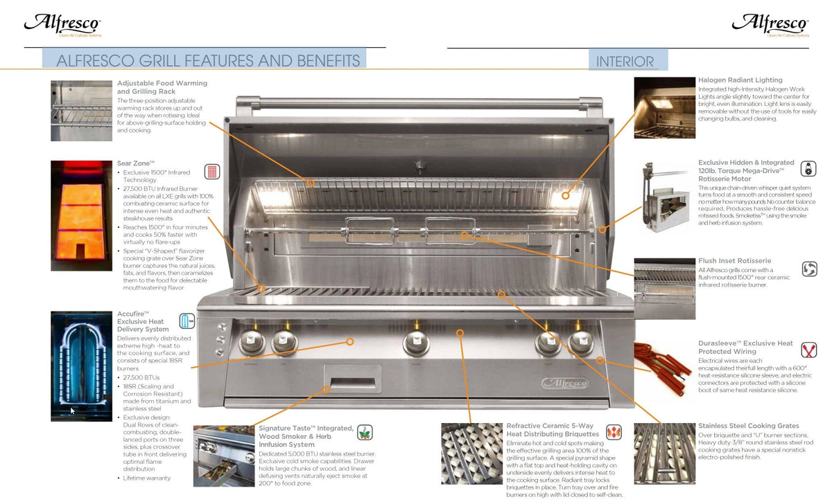 Alfresco Grills Alfresco 30” Built-In Luxury Gas Grill / Stainless Steel, 18SR Burners, Smoker, Infrared Rear Burner, Rotisserie, Cover / ALXE-30